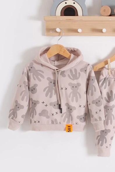 Cool Bear Kapüşonlu % 100 Pamuk Erkek Bebek Takımı - Resim 4