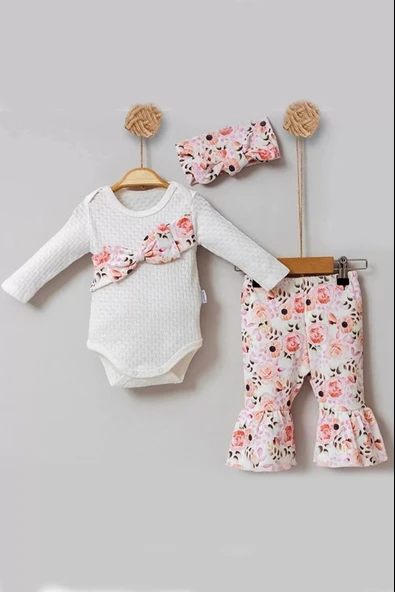 Çiçek Desenli Fiyonklu 3'lü Kız Bebek Takım - Resim 2