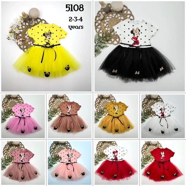 Puantiyeli Mickey Baskılı Kurdela Kuşaklı Astarlı Kız Bebek Tütü Elbisesi Sarı - 4