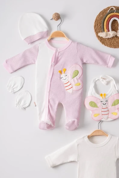 Kelebek Nakışlı Puanlı Tulumlu % 100 Pamuk Kız Bebek 5'li Set - Resim 4