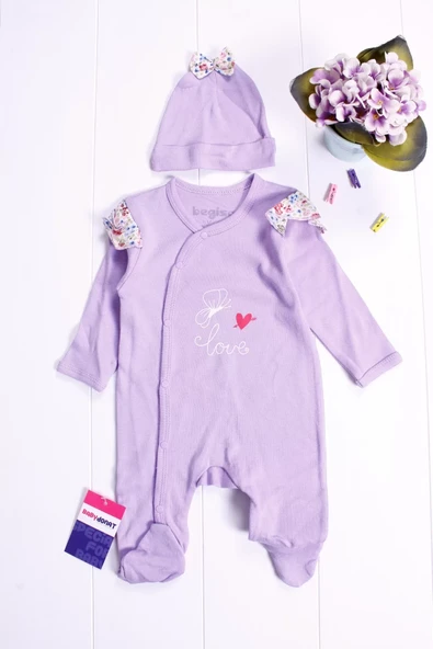 Kelebek Desenli Omuz Detaylı Şapkalı Kız Bebek Tulumu ürün görseli