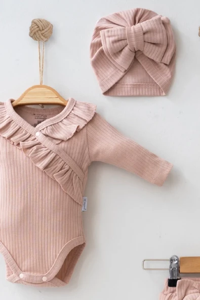 Fırfır Detaylı Fiyonk Boneli % 100 Pamuklu Kız Bebek Takımı - Resim 5