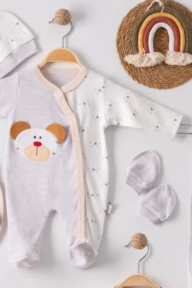 Ayıcık Detaylı Nakışlı Tulumlu % 100 Pamuk Erkek Bebek 5'li Set - Resim 3