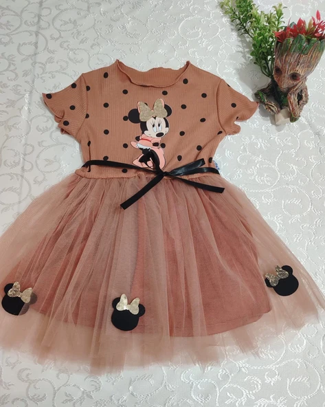 Puantiyeli Mickey Baskılı Kurdela Kuşaklı Astarlı Kız Bebek Tütü Elbisesi Kahverengi - 5