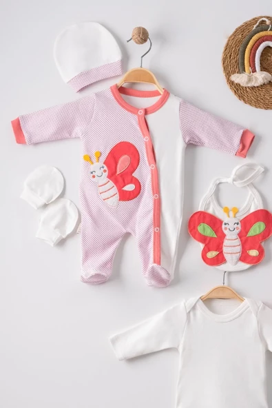 Kelebek Nakışlı Puanlı Tulumlu % 100 Pamuk Kız Bebek 5'li Set - 3