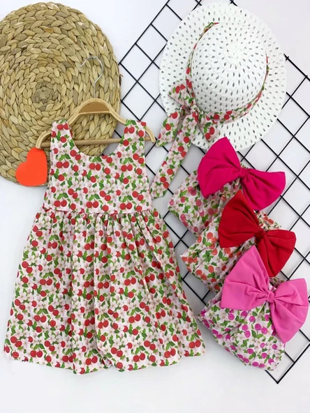 Hasır Şapkalı Kiraz Desenli Askılı 2li Kız Bebek Elbisesi - 3