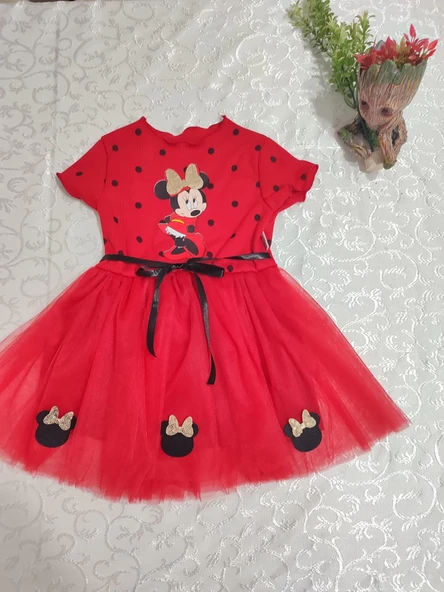 Puantiyeli Mickey Baskılı Kurdela Kuşaklı Astarlı Kız Bebek Tütü Elbisesi Kırmızı - 5