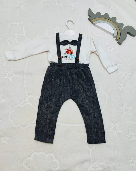 Papyonlu Sweat Kot Pantolon 2li Erkek Bebek Salopet Takımı Gri - Resim 9