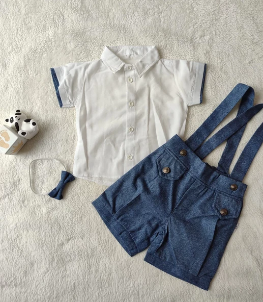 Papyonlu Gömlek 2li Erkek Bebek Salopet Takımı İndigo - 4