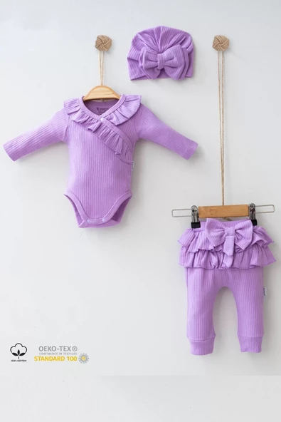 Fırfır Detaylı Fiyonk Boneli % 100 Pamuklu Kız Bebek Takımı - Resim 2