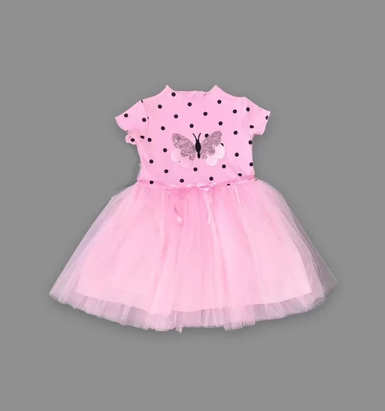 Payetli Kelebek Desenli Puantiyeli Kız Çocuk Elbisesi - Resim 3