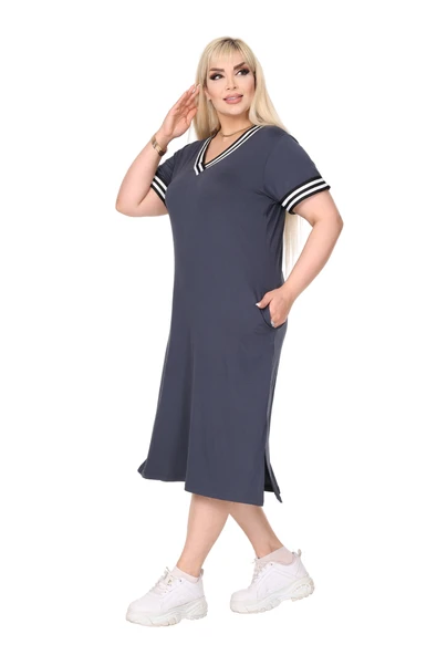 Melsay Butik Antrasit Yakası Şeritli V Yaka Midi Elbise - 5