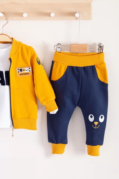 New Fashıon Hırkalı 3'lü % 100 Pamuk Erkek Bebek Takımı - Resim 4