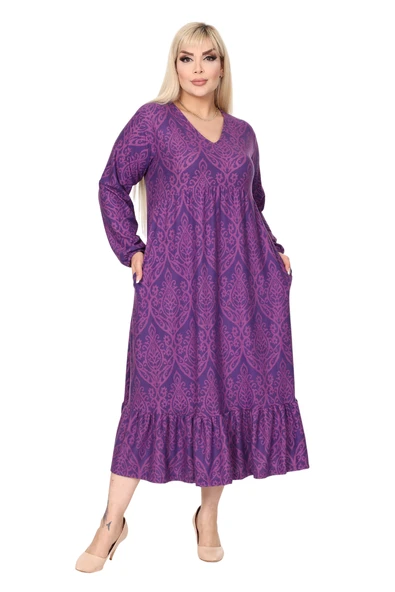 Melsay Butik Kışlık Robalı Yumoş Uzun Kollu Mor Dantel Desenli Elbise - 1