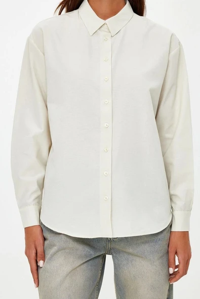 Moda Kadın Gömlek Yaka Düz Desen Günlük Loose Fit Dokuma Gömlek