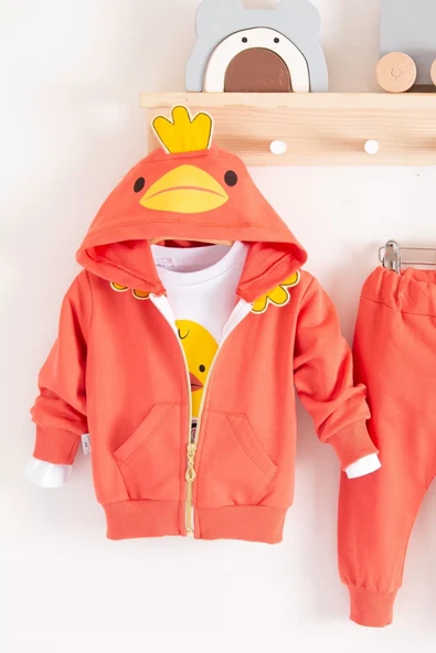 Civciv Desenli Kapişonlu 3'lü Erkek Bebek Takımı - Resim 4