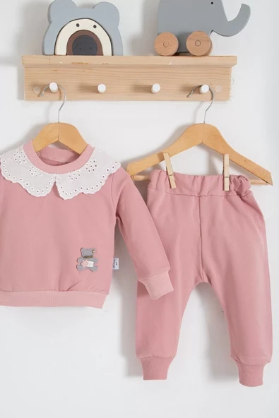 Dantel Yakalı Pamuklu 2'li Kız Bebek Takımı - Resim 5
