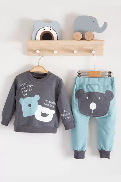 No Problem Yazılı Bear Desenli 2'li Erkek Bebek Takımı - Resim 4