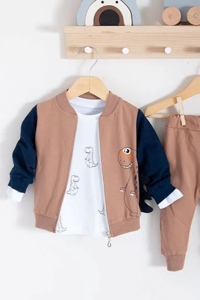 Dinazor Desenli Hırkalı 3'lü Erkek Bebek Takım - Resim 4