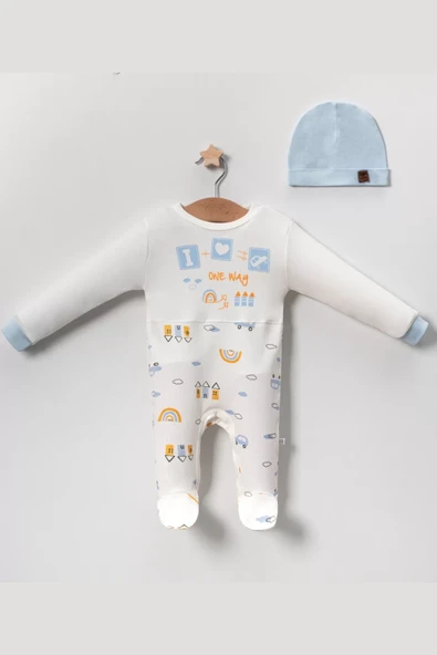 Araba Desenli Mavi 2'li Şapkalı Erkek Bebek Tulumu ürün görseli