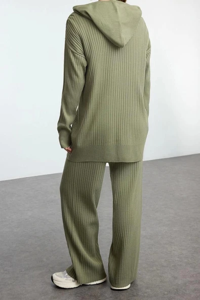 Tarz Kadın Modern Moda Normal Bel Geniş Paça Kapüşonlu Kapüşonlu Oversize Triko Alt-Üst Takım - 4
