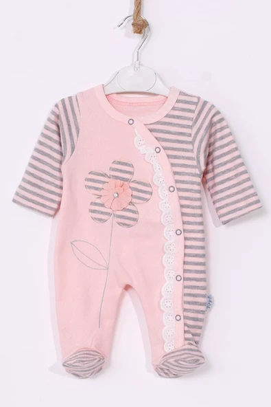 Çiçek Nakışlı % 100 Pamuk Ayaklı Kız Bebek Tulumu - Resim 2