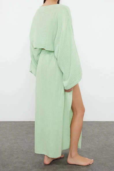 Tarz Kadın Modern Moda Normal Bel Boru Paça Kayık Yaka Mint Dokuma Yırtmaçlı Müslin Bluz Etek Takım - 6