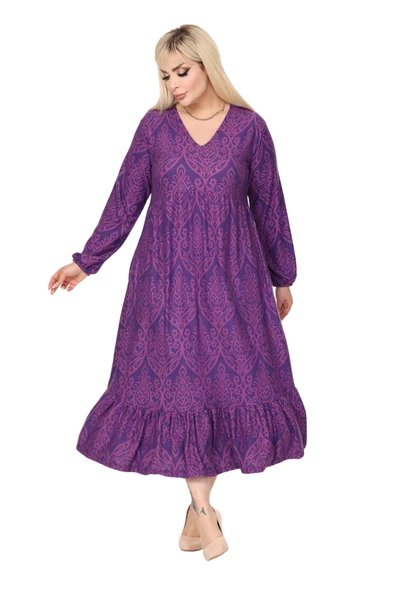 Melsay Butik Kışlık Robalı Yumoş Uzun Kollu Mor Dantel Desenli Elbise - 2