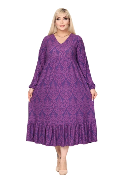 Melsay Butik Kışlık Robalı Yumoş Uzun Kollu Mor Dantel Desenli Elbise - 3