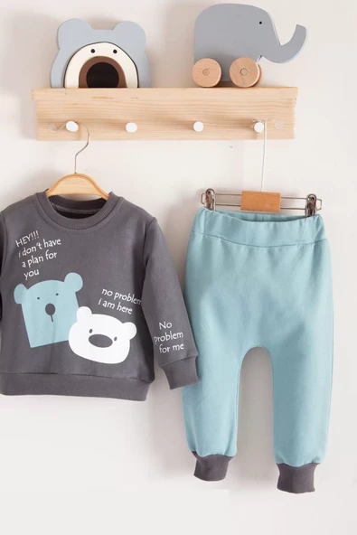 No Problem Yazılı Bear Desenli 2'li Erkek Bebek Takımı - Resim 6