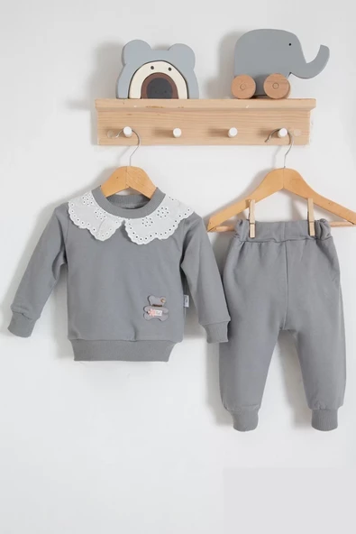 Dantel Yakalı Pamuklu 2'li Kız Bebek Takımı - Resim 3