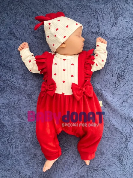 Kalp Desenli Fiyonk Detaylı % 100 Pamuk Kız Bebek Tulumu - Resim 4