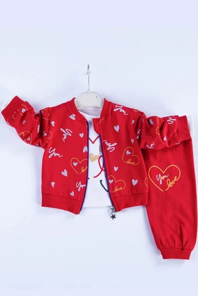Kalp Desenli Hırkalı Pamuklu 3'lü Kız Bebek Takımı - Resim 3