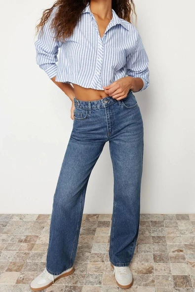 Moda Kadın Gömlek Yaka Çizgili Günlük Çizgili Düşük Kol Crop Regular Normal Kalıp Dokuma Gömlek - 4