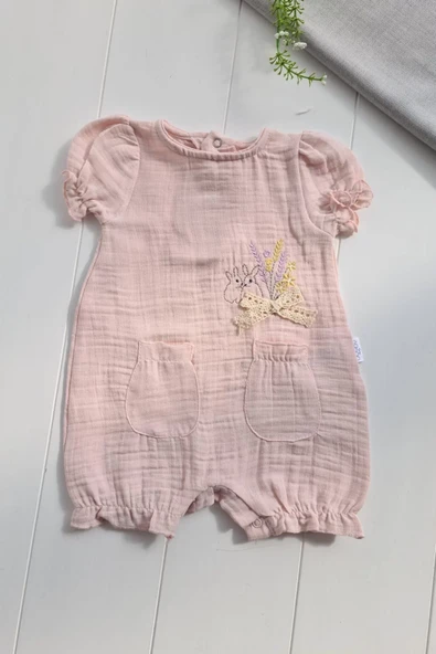 Müslin Kumaş Çiçek Nakışlı Pamuklu Kız Bebek Tulum - Resim 3