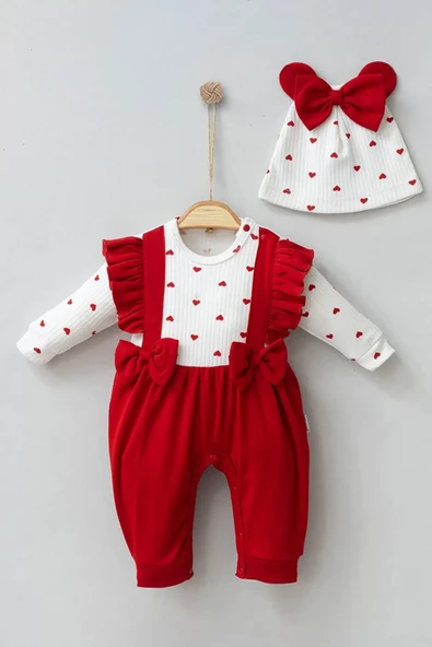 Kalp Desenli Fiyonk Detaylı % 100 Pamuk Kız Bebek Tulumu - Resim 5