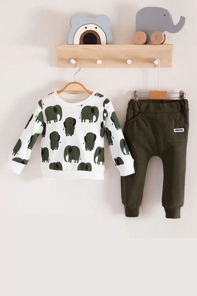 Fil Desenli 2'li % 100 Pamuk Erkek Bebek Takımı - Resim 2