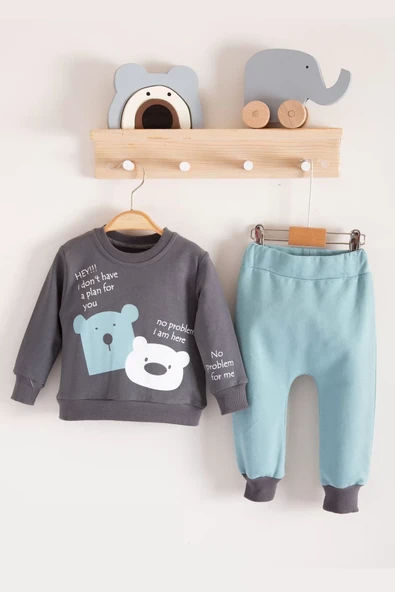 No Problem Yazılı Bear Desenli 2'li Erkek Bebek Takımı - Resim 2