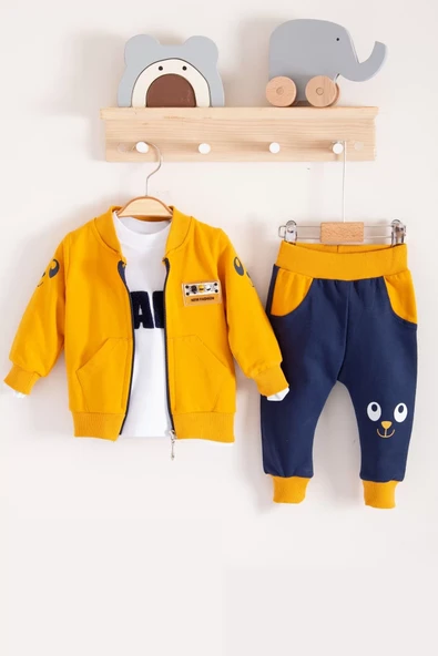 New Fashıon Hırkalı 3'lü % 100 Pamuk Erkek Bebek Takımı - Resim 2