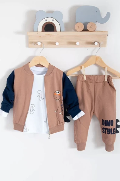 Dinazor Desenli Hırkalı 3'lü Erkek Bebek Takım - Resim 3