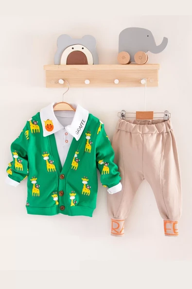 Zürafa Desenli Gömlek Yakalı 3'lü Erkek Bebek Takımı - 2