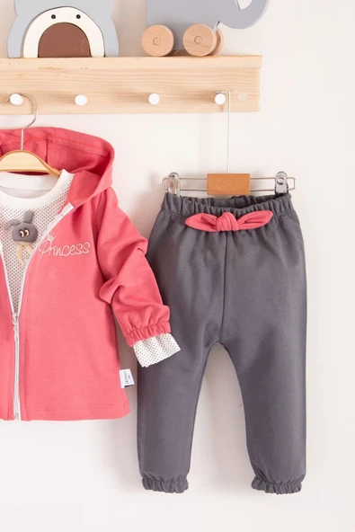 Prences Nakışlı Kapişonlu 3'lü % 100 Pamuk Kız Bebek Takımı - Resim 6