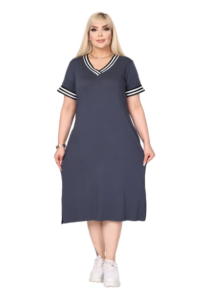 Melsay Butik Antrasit Yakası Şeritli V Yaka Midi Elbise - 2