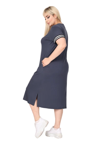 Melsay Butik Antrasit Yakası Şeritli V Yaka Midi Elbise - 4