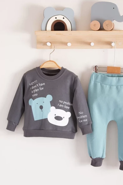 No Problem Yazılı Bear Desenli 2'li Erkek Bebek Takımı - Resim 5