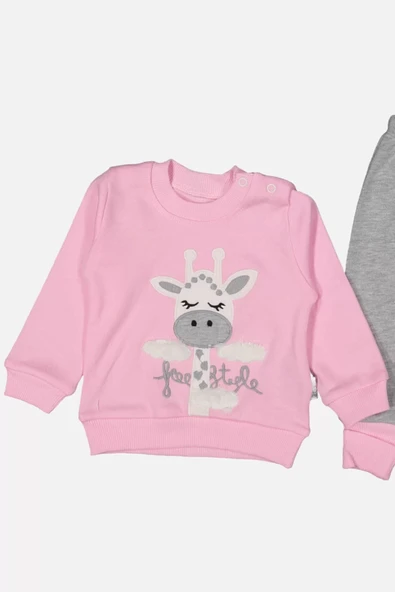 Zürafa Nakışlı % 100 Pamuk Kız Bebek Takımı - Resim 4