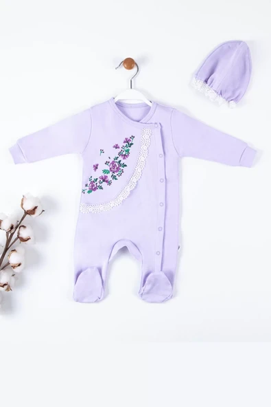 Çiçek Nakışlı Şapkalı % 100 Pamuk Kız Bebek Tulumu - Resim 2