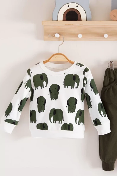 Fil Desenli 2'li % 100 Pamuk Erkek Bebek Takımı - Resim 4