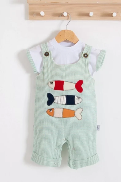 Balık Nakışlı Kısa Kollu Erkek Bebek Tulumu