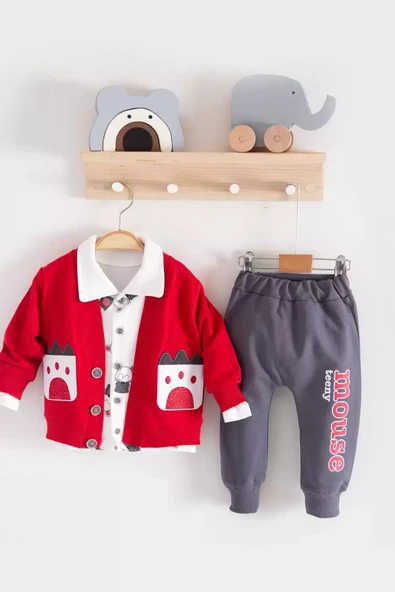 Mause Gömlek Yakalı 3'lü Erkek Bebek Takımı - Resim 6